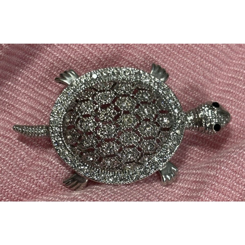Silver Tone White Rhinestone Turtle Pin Brooch Pendant Glam Event Bling Holiday